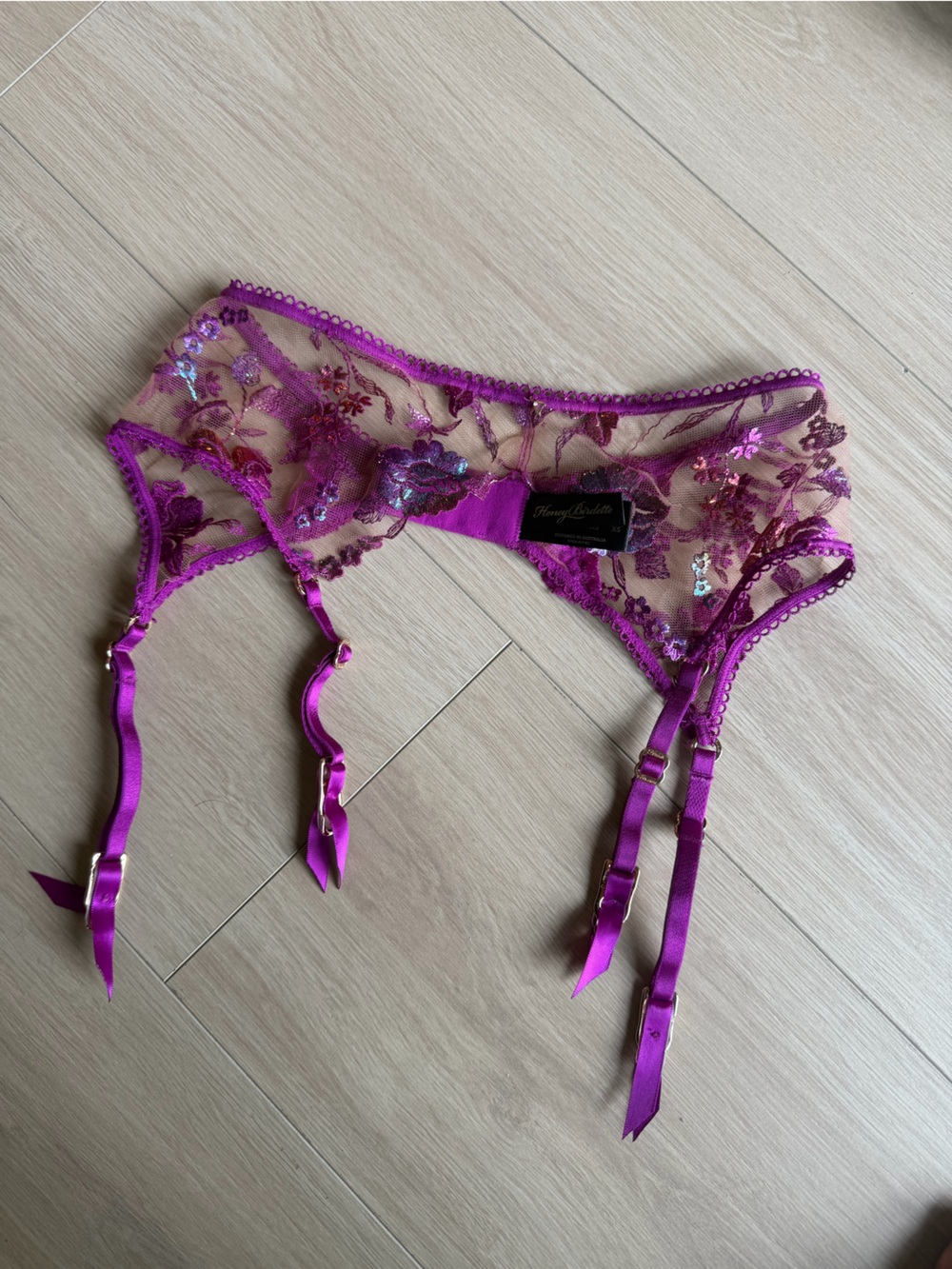Honey Birdette Magenta Embroidered Sheer Garter Belt